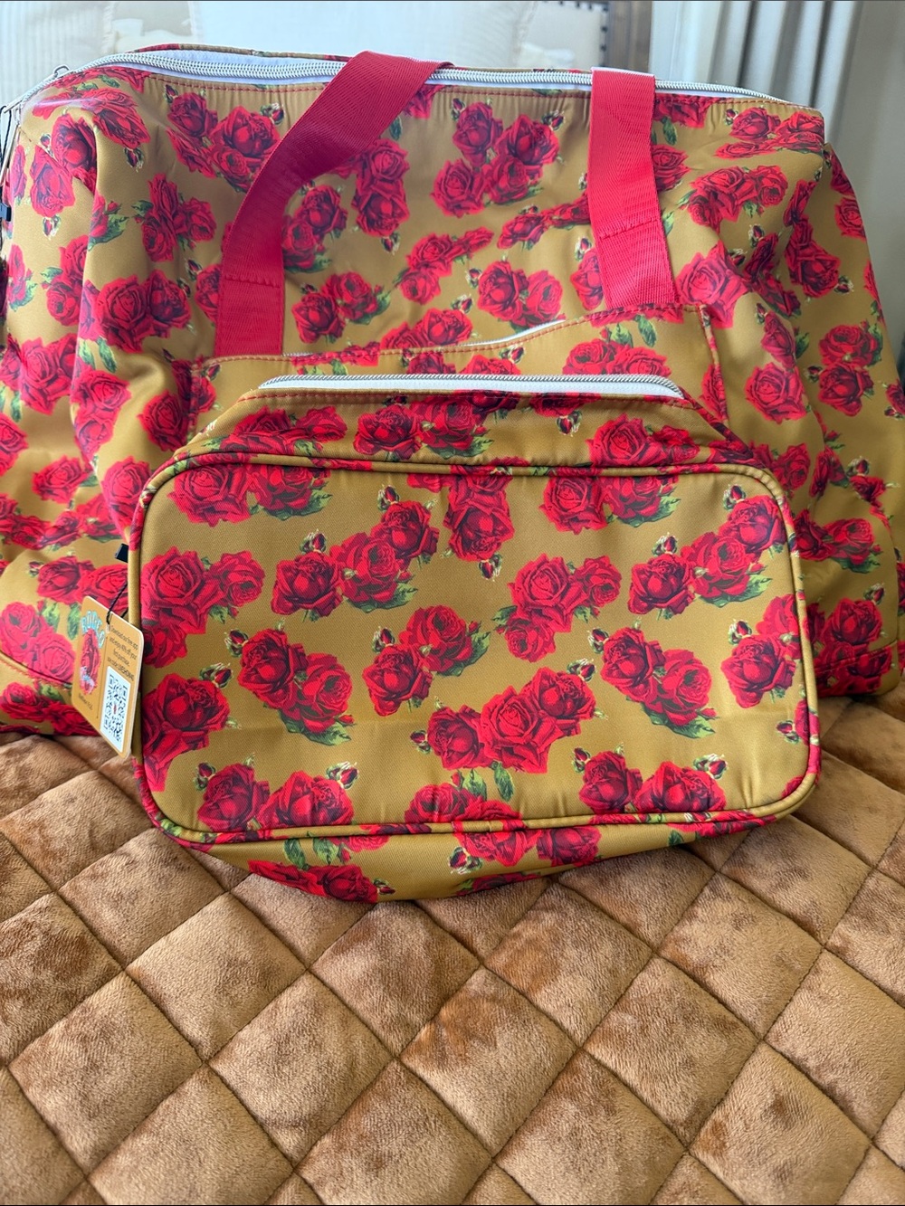 Women's Rose Print Travel Tote Bag in Mustard and Red